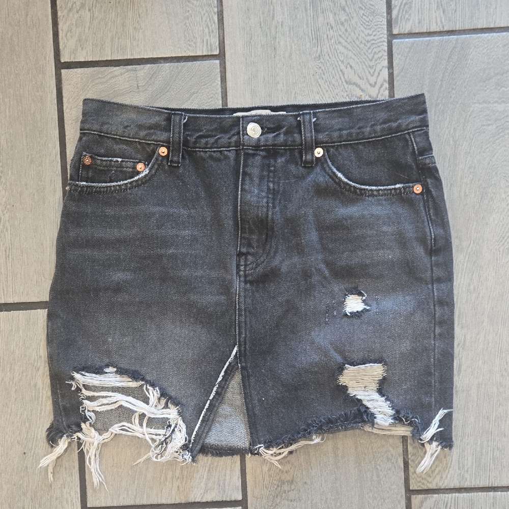 We The Free People Black Distressed Denim Mini Skirt Raw Hem Faded Grunge-26